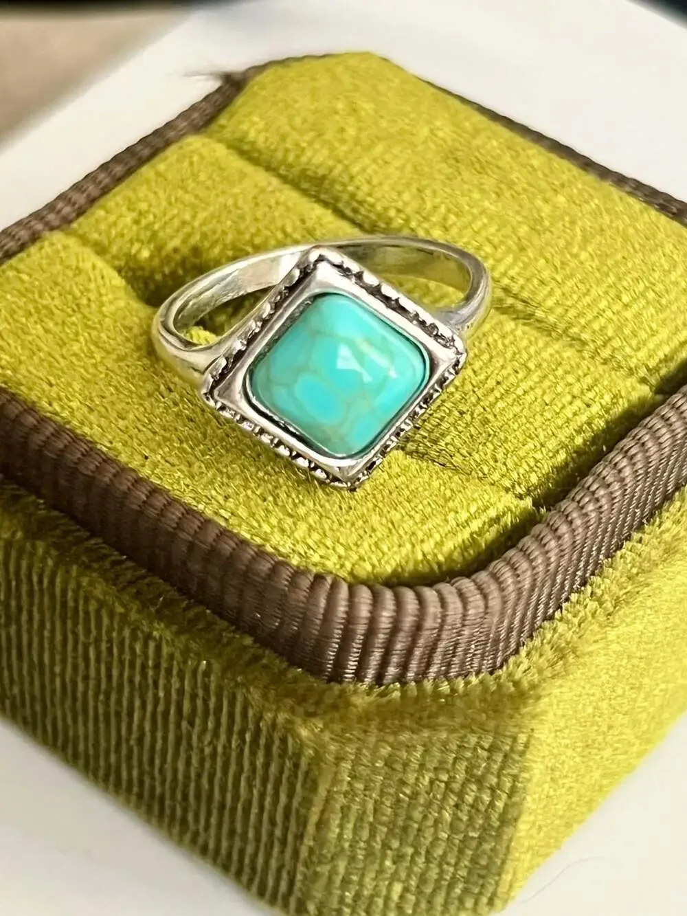 Bohemian Style Turquoise Square Titanium Steel Statement Ring Size 6